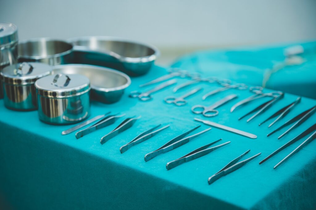 The surgical instruments prepared for the doctor's work in the operating room.
